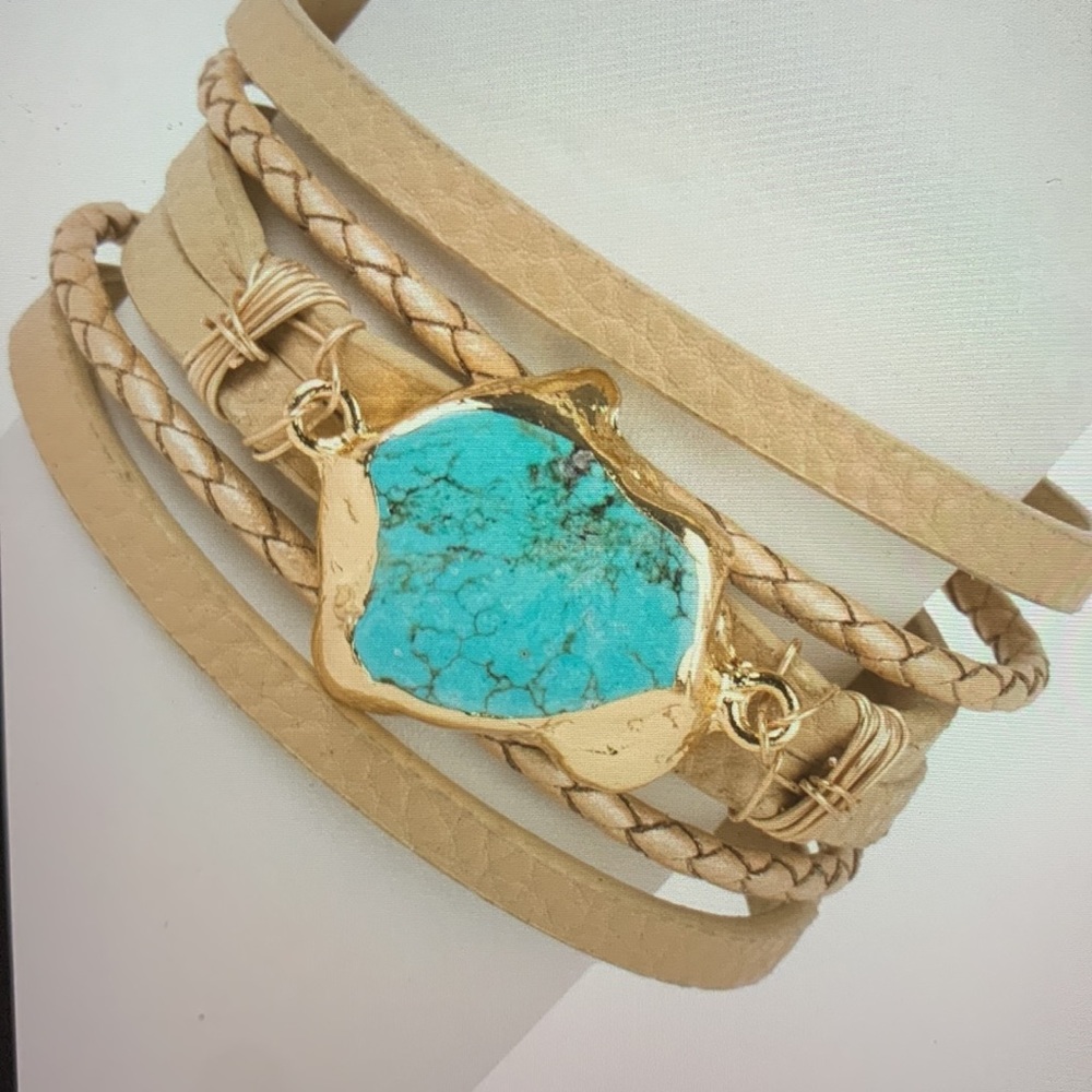 Braided Turquoise Natural Stone Vegan Leather Bracelet - Picture 4 of 5